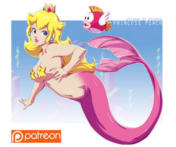  alternate_breast_size blonde_hair blue_eyes bokuman border breasts cheep_cheep commentary crown earrings english_commentary female jewelry lips long_hair looking_at_viewer mario_(series) medium_breasts mermaid monster_girl navel parted_lips pasties patreon_logo princess_peach solo sphere_earrings super_star_(mario) underwater watermark white_border 