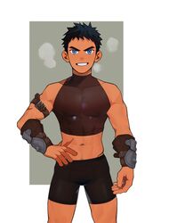  1boy arm_strap belt bike_shorts black_hair blue_eyes character_request copyright_request crop_top grin hand_on_own_hip highres male_focus scar scar_on_arm scar_on_stomach short_hair sleeveless sleeveless_turtleneck smile solo straight-on turtleneck wrist_guards yaowu 