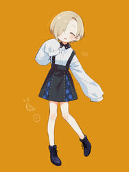  :d ^_^ ankle_boots bare_legs black_footwear black_skirt blonde_hair blush boots chabi_(amedama) closed_eyes collared_shirt contrapposto cross-laced_footwear dated dot_nose earrings facing_viewer female full_body hair_intakes hair_over_one_eye hand_up happy head_tilt high-waist_skirt idolmaster idolmaster_cinderella_girls jewelry leg_up open_mouth orange_background plaid plaid_skirt puffy_sleeves shirasaka_koume shirt short_hair simple_background skirt sleeves_past_wrists smile solo standing suspender_skirt suspenders white_shirt 