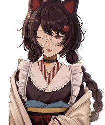  ;d animal_ears bespectacled black_choker black_dress black_kimono braid brown_hair choker commentary dog_ears dress female flower frilled_dress frills glasses hair_flower hair_ornament highres ibuki_(ibuki0118) inui_toko japanese_clothes kimono long_hair looking_down maid nijisanji obi off_shoulder official_alternate_hairstyle one_eye_closed open_mouth red_eyes rimless_eyewear round_eyewear sash simple_background smile solo symbol-only_commentary twin_braids upper_body virtual_youtuber wa_maid white_background 