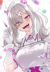  :d ahoge apron bandaged_arm bandages blood blood_from_mouth blood_on_hands blurry blurry_background blurry_foreground blush breasts collared_dress commentary_request crazy_eyes depth_of_field dress drugs evil_smile eyes_visible_through_hair female from_below gloves grey_hair hair_ornament hair_over_one_eye hat heart heart-shaped_pupils highres holding holding_syringe incoming_attack long_hair looking_at_viewer medium_breasts mole mole_under_eye nijisanji no_symbol nurse nurse_cap open_mouth pill purple_eyes raised_eyebrows sharp_teeth short_sleeves simple_background smile solo sukoya_kana symbol-shaped_pupils syringe teeth tongue twintails upper_body virtual_youtuber white_apron white_background white_dress white_gloves wrist_cuffs x_hair_ornament yuama_(drop) 