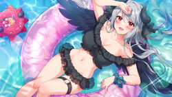  akuma_meryl bare_shoulders bikini black_bikini black_horns black_ribbon black_wings blush breasts cleavage collarbone demon_horns eclipse_live_project feathered_wings feet_out_of_frame female frilled_bikini frills grey_hair hair_between_eyes hair_ribbon hand_on_own_forehead horns innertube large_breasts long_hair looking_at_viewer mikami_nacaba mole mole_under_eye navel open_mouth partially_submerged red_eyes ribbon smile solo stomach swim_ring swimsuit thigh_strap thighs virtual_youtuber water wings wrist_cuffs 