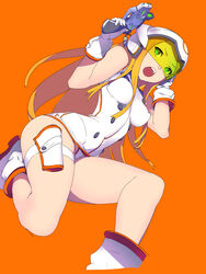  blonde_hair bodysuit boots breasts commentary_request covered_nipples enkyo_yuuichirou female finger_on_trigger gloves green_eyes gun helmet highres hisho_collection holding holding_gun holding_weapon impossible_bodysuit impossible_clothes long_hair medium_breasts open_mouth orange_background simple_background skin_tight solo thigh_strap visor weapon white_bodysuit white_footwear white_gloves 