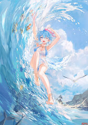  atdan blue_eyes blue_hair dress female haiyi highres legs open_mouth short_hair smile solo synthesizer_v water 