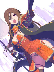  armor boobplate breastplate breasts brown_hair cleavage commentary_request dutch_angle enkyo_yuuichirou eyepatch faulds female gloves hair_ornament haori highres hisho_collection japanese_armor japanese_clothes katana kote kusazuri long_hair looking_at_viewer medium_breasts one_eye_covered open_mouth purple_eyes samurai shoulder_armor sode solo standing sword thighhighs weapon 