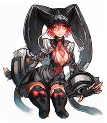  between_breasts black_dress black_skirt black_thighhighs blush breasts center_opening cleavage_cutout closed_mouth clothing_cutout dress female full_body guilty_gear guilty_gear_2 hair_between_eyes hat headpiece long_sleeves looking_at_viewer medium_breasts medium_hair nail_polish necktie no_bra red_eyes red_hair red_nails red_necktie short_hair simple_background skirt skull solo standing thighhighs valentine_(guilty_gear) white_background yohane_shimizu zettai_ryouiki 