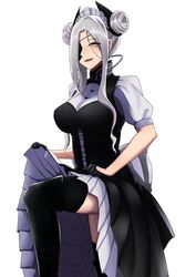  agent_(girls&#039;_frontline) agent_(girls&#039;_frontline)_(cosplay) alchemist_(girls&#039;_frontline) alternate_costume black_dress black_gloves blush breasts clothes_lift cosplay cowboy_shot double_bun dress dress_lift eyepatch female girls&#039;_frontline gloves grey_hair hair_bun highres large_breasts long_hair looking_at_viewer maid maid_headdress puffy_short_sleeves puffy_sleeves reizo_ne sangvis_ferri short_sleeves sidelocks solo thighhighs very_long_hair white_background yellow_eyes 