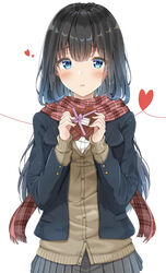  bad_id bad_pixiv_id black_jacket blue_eyes blush breasts brown_skirt chocolate commentary_request enpera female gift heart heart_print highres holding holding_gift jacket large_breasts long_hair looking_at_viewer original partial_commentary red_scarf scarf school_uniform shirt simple_background skirt solo sunsun2812 uniform valentine white_background white_shirt 