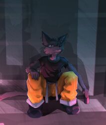  2022 adolescent anthro black_body black_fur blue_eyes bottomwear canid canine canis clothing crouching dakka dakkawoof fur hi_res male mammal oversized_bottomwear oversized_clothing oversized_pants pants shirt solo topwear wolf young young_anthro young_male 