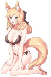  :d absurdres animal_ears arknights bare_arms bare_legs bare_shoulders bikini black_bikini black_bow blonde_hair blue_eyes blush bow breasts cleavage commentary_request feet female flip-flops hairbow highres kneeling knees_together_feet_apart large_breasts legs long_hair looking_at_viewer navel neti_(cpu11151) open_mouth sandals simple_background smile solo stomach swimsuit tail thighs toes whislash_(arknights) white_background 