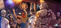  6+boys abs bara bare_pectorals boat creed_(gyee) facial_hair fireworks goatee grancy_(gyee) gyee hachi_(gyee) hairy highres kong_(gyee) large_pectorals male_focus mature_male multiple_boys muscular muscular_male new_year official_art official_wallpaper pectorals spiked_hair sven_(gyee) takashi_(gyee) watercraft yan_(gyee) zifu 