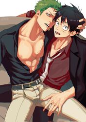  2boys abs barbell_piercing belt black_belt black_hair black_shirt collarbone formal fulenimenle green_hair hand_on_another&#039;s_thigh highres holding_another&#039;s_head jewelry looking_at_viewer loose_necktie male_focus monkey_d._luffy multiple_boys muscular muscular_male necktie nipple_bar nipple_piercing on_lap one_eye_closed one_piece open_clothes open_mouth pants pectorals piercing red_shirt roronoa_zoro scar scar_across_eye scar_on_chest scar_on_face shirt shirt_tucked_in short_hair simple_background tongue tongue_out white_necktie white_pants yaoi 