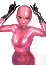  absurdres blush bodysuit breasts brown_eyes elbow_gloves female gimp_mask gloves highres kilye_kairi latex latex_bodysuit looking_at_viewer mask original pink_bodysuit skin_tight smile solo 