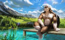  2022 anthro black_body black_fur black_nose blue_eyes brown_body brown_fur canid canine canis claws clothing detailed_background fur grass hi_res lake leg_in_water light male mammal muscular muscular_male nviek5 pecs plant rakan scar sky smile sunlight tree underwear water white_body white_fur wolf 