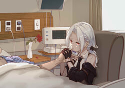  1boy absurdres bed bedside black_bow black_gloves black_necktie bow braid cable cardiogram chair chinese_commentary collarbone commentary_request curtains day electrical_outlet female flower french_braid glove_garter gloves hand_grab highres hospital hospital_bed hospital_gown indoors light_switch long_hair monitor n.s.egg necktie off_shoulder ponytail pulse_oximeter red_eyes shirt sitting sleeveless sleeveless_shirt solo_focus tearing_up under_covers vase vittorio_veneto_(warship_girls_r) warship_girls_r white_hair window 