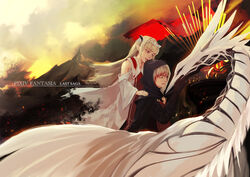  1boy absurdres black_gloves blonde_hair braid closed_eyes commentary_request copyright_name detached_sleeves dragon ezel_the_king_of_fire_and_iron falia_the_queen_of_the_mountains female gloves hand_up highres hood llan mountain multicolored_hair outdoors pixiv_fantasia pixiv_fantasia_last_saga pointy_ears red_hair sidelocks streaked_hair tiara twin_braids two-tone_hair 