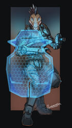  3_fingers aiming_at_viewer alien antenna_wire anthro armor bioware black_border blue_eyes border clothed clothing codpiece colored crossover cuisse digitigrade duo electronic_arts energy_shield fingers fully_clothed furgonomics geometric_pattern gesture gun halo_(series) hand_gesture handgun head_crest head_quills hi_res holding_gun holding_object holding_ranged_weapon holding_shield holding_weapon ibie&#039;shan kig-yar looking_at_viewer male mass_effect microsoft palavenmoons pauldron pistol pointing pointing_at_viewer pseudo_hair quills_(anatomy) ranged_weapon scalie shaded shield spaulder standing t&#039;loaki tan_body tan_skin watermark weapon xbox_game_studios 