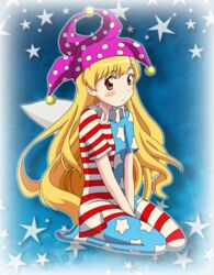  american_flag american_flag_legwear american_flag_print american_flag_shirt bad_id bad_pixiv_id blonde_hair blue_background blue_shirt blush brown_eyes closed_mouth clownpiece fairy_wings female flag_print hat highres jester_cap long_hair looking_at_viewer lunamoon_(style) multicolored_clothes multicolored_pants multicolored_shirt no_shoes pants pink_hat print_shirt red_shirt remyfive seiza shirt short_sleeves sitting solo star_(symbol) star_print starry_background striped_clothes striped_pants striped_shirt touhou white_shirt wings 