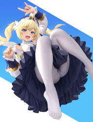  :d barbara_(genshin_impact) bare_shoulders blonde_hair blue_eyes blush breasts detached_sleeves dress drill_hair feet female genshin_impact hair_ornament hat highres long_hair long_sleeves looking_at_viewer no_shoes open_mouth panties panties_under_pantyhose pantyhose smile solo twin_drills twintails underwear white_dress white_hat white_pantyhose yamaneko_(tkdrumsco) 