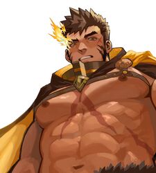  1boy bara brown_hair cape fire from_below gh_himainu heracles_(housamo) highres looking_at_viewer male_focus navel nipples orange_eyes parted_lips pectoral_focus pectorals scar scar_on_chest short_hair sideburns solo teeth tokyo_afterschool_summoners upper_body white_background yellow_cape 