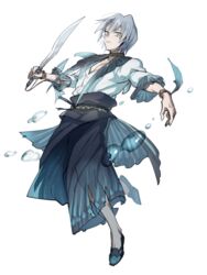  1boy alternate_costume bracelet buttons choker collarbone earrings fish_tail flats floating_clothes floating_hair frilled_sleeves frills full_body grey_hair grin hakama holding holding_sword holding_weapon japanese_clothes jewelry kiryuu_kyousuke leg_up long_sleeves looking_at_viewer midair obi open_mouth sash see-through shirt short_hair simple_background single_earring smile solo standing standing_on_one_leg sword tail teeth torinomaruyaki torn_clothes water_drop weapon white_background white_shirt yellow_eyes yuu-gi-ou yuu-gi-ou_5d&#039;s 