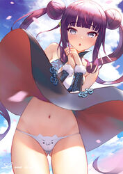  ass_visible_through_thighs bangs bare_shoulders black_dress blue_eyes blue_sky blunt_bangs blush breasts detached_sleeves double_bun dress fate/grand_order fate_(series) female hair_ornament hands_together highres large_breasts leaf_hair_ornament long_hair looking_at_viewer open_mouth panties petals purple_hair shadowgrave short_dress sidelocks sky solo thighs twintails underwear very_long_hair white_panties wind wind_lift yang_guifei_(fate/grand_order) 