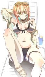  arm_behind_back arm_behind_head bad_id bad_twitter_id bikini breasts closed_mouth collarbone e_sky_rugo eyewear_on_head female girls&#039;_frontline green_eyes hand_on_own_head highres long_hair looking_at_viewer lying medium_breasts official_alternate_costume on_back orange_hair r93_(girls&#039;_frontline) r93_(holiday_lucky_star)_(girls&#039;_frontline) sandals simple_background solo swimsuit white_bikini 