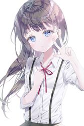  :&lt; bangs black_hair blue_eyes blush breasts closed_mouth collared_shirt commentary commission eyebrows_visible_through_hair female hands_up highres long_hair looking_at_viewer neck_ribbon original qlakwnd red_ribbon ribbon shirt short_sleeves simple_background small_breasts solo suspenders upper_body very_long_hair w white_background white_shirt 