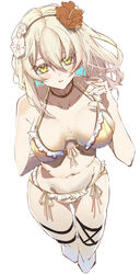  absurdres arm_behind_back bad_id bad_twitter_id bare_shoulders bikini blonde_hair blush breasts collarbone e_sky_rugo female flower from_above front-tie_bikini_top front-tie_top girls&#039;_frontline hair_flower hair_ornament hairband hand_on_breast highres long_hair looking_at_viewer medium_breasts navel open_mouth ribbon solo standing swimsuit white_background x95_(girls&#039;_frontline) yellow_bikini yellow_eyes 