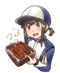  baseball_cap bento black_hair commentary_request cropped_torso drooling female fish_(food) fubuki_(kancolle) green_eyes grilled_eel hat kantai_collection karasu_(naoshow357) long_hair looking_at_viewer low_ponytail official_alternate_costume ponytail racing_suit short_ponytail sidelocks simple_background solo two-tone_headwear unajuu_(food) upper_body white_background 