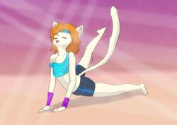  2023 absurd_res anthro bottomwear clothing digital_media_(artwork) farrah_furcett felid felin female flat_chested hi_res kawaoneechan mammal open_mouth shirt shorts solo stretching sweatband tank_top tight_bottomwear tight_clothing tight_shorts topwear wrist_warmers 