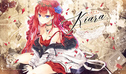  bare_legs between_legs blue_eyes blue_flower blue_rose breasts character_name cleavage coat dress female flower hair_between_eyes hair_flower hair_ornament hand_between_legs jewelry kiara_(shironeko_project) large_breasts long_hair mocha_(naturefour) necklace open_clothes open_coat parted_lips plant red_dress red_flower red_hair red_rose rose shironeko_project short_dress sitting sleeveless sleeveless_dress solo very_long_hair vines wariza white_coat 