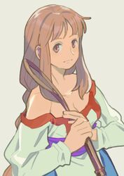  arc_the_lad arc_the_lad_ii bare_shoulders breasts brown_eyes brown_hair cleavage closed_mouth collarbone dress female lieza_(arc_the_lad) long_hair looking_at_viewer lowres sarmat simple_background solo very_long_hair 