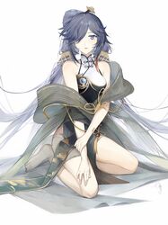  alternate_costume bare_shoulders barefoot bird_hair_ornament blue_eyes blue_hair china_dress chinese_clothes closed_mouth dress earrings female fu_hua fu_hua_(azure_empyrea) green_dress green_nails grey_hair hair_between_eyes hair_ornament hair_over_one_eye hairpin hand_on_own_arm high_ponytail highres honkai_(series) honkai_impact_3rd jewelry lizi_(st3648) long_hair looking_at_viewer nail_polish paintbrush paintbrush_hair_ornament ponytail see-through seiza simple_background single_earring sitting sleeveless sleeveless_dress solo tassel tassel_earrings thighs toenails white_background 