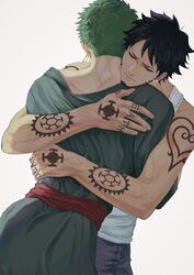  2boys arm_tattoo black_hair closed_eyes closed_mouth earrings facial_hair fulenimenle goatee green_kimono highres hug japanese_clothes jewelry kimono long_sideburns male_focus multiple_boys muscular muscular_male one_piece pants roronoa_zoro shirt short_hair sideburns tank_top tattoo trafalgar_law veins veiny_arms white_background white_tank_top yaoi 