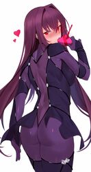  ass back blush bodysuit box breasts fate/grand_order fate_(series) female gae_bolg_(fate) gift gift_box hair_between_eyes hair_intakes heart heart-shaped_box highres holding holding_gift kameponde large_breasts long_hair looking_at_viewer looking_back polearm purple_bodysuit purple_hair red_eyes scathach_(fate) simple_background solo spear thighs valentine weapon white_background 