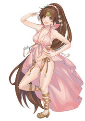  absurdly_long_hair alternate_costume bikini breasts brown_eyes brown_hair circlet collarbone covered_nipples female fire_emblem fire_emblem:_mystery_of_the_emblem fire_emblem_heroes high_heels highres linde_(fire_emblem) linde_(summer)_(fire_emblem) long_hair medium_breasts navel pink_bikini ponytail sandals smile solo swimsuit togo2828 very_long_hair white_background 