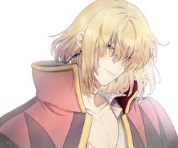  1boy blonde_hair closed_mouth collarbone commentary_request earrings high_collar howl_(howl_no_ugoku_shiro) howl_no_ugoku_shiro jacket jacket_on_shoulders jewelry korean_commentary looking_at_viewer male_focus mgmg_1012 open_clothes simple_background smile solo upper_body white_background 