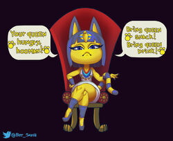  animal_crossing ankha_(animal_crossing) anthro arms_bent bent_legs blue_eyes blue_hair breasts claws clothing crossed_legs dialogue dress english_text engrish felid feline female fur hair hi_res leg_over_thigh mammal nintendo phat_smash simple_background small_breasts solo speech_bubble tail_on_arm text yellow_body yellow_fur 