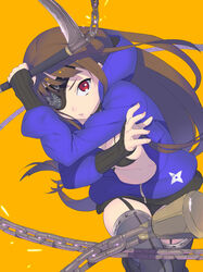  bikini bikini_top_only black_bikini blue_hoodie breasts brown_hair chains commentary_request enkyo_yuuichirou eyepatch female garter_belt grey_thighhighs highres hisho_collection hood hood_down hoodie long_hair looking_at_viewer medium_breasts navel one_eye_covered open_clothes open_hoodie orange_background ponytail red_eyes simple_background solo swimsuit thighhighs very_long_hair weapon 