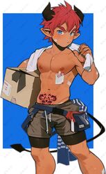  1boy bandaid bandaid_on_arm bandaid_on_cheek bandaid_on_face bandaid_on_leg bike_shorts bike_shorts_under_shorts blue_eyes blush box cardboard_box carrying character_request copyright_request demon_boy demon_horns demon_tail fanny_pack holding holding_box horns looking_at_viewer male_focus nipples note pointy_ears pout pubic_tattoo red_hair short_hair shorts solo sweat tail tattoo topless_male towel towel_around_neck yaowu 