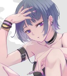  arm_belt bare_shoulders black_camisole black_choker blue_hair breasts camisole choker cigarette collarbone ear_piercing earrings electronic_cigarette female hand_on_own_head highres holding holding_cigarette jewelry koshimizu_toru looking_at_viewer medium_breasts mole mole_under_eye nijisanji parted_lips piercing purple_eyes purple_nails short_hair simple_background sitting solo spoon_(tamakakama) strap_slip stud_earrings sweatband virtual_youtuber white_background 