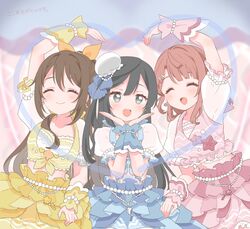  3girls azuna_(love_live!) black_hair blue!_(love_live!) blush brown_hair chibi closed_eyes collarbone commentary earrings grey_eyes hair_ribbon hat heart izumi_kirifu jewelry long_hair looking_at_viewer love_live! love_live!_nijigasaki_high_school_idol_club medium_hair multiple_girls one_side_up orange_hair osaka_shizuku ribbon sidelocks smile uehara_ayumu upper_body yuki_setsuna_(love_live!) 