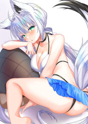  absurdres ahoge animal_ears artist_name ass azur_lane bad_id bad_twitter_id bikini bikini_skirt black_choker blue_skirt blush braid breasts choker collarbone commentary_request duplicate female fox_ears fox_girl fox_tail green_eyes hair_between_eyes highres hololive long_hair looking_at_viewer looking_back low_ponytail medium_breasts microskirt official_alternate_costume pixel-perfect_duplicate ponytail shirakami_fubuki shirakami_fubuki_(beachside_fox) sitting skirt solo swimsuit tail teltelhousi thong_bikini virtual_youtuber white_hair 