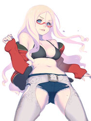  bare_shoulders belt bikini bikini_top_only black_bikini blue_eyes braid breasts brown_hair chaps cleavage commentary_request cutoffs denim denim_shorts enkyo_yuuichirou female glasses hair_ribbon highres hisho_collection jacket long_hair looking_at_viewer medium_breasts midriff navel off_shoulder parted_lips pink_hair red-framed_eyewear red_jacket ribbon semi-rimless_eyewear short_shorts shorts simple_background smile solo sweat swimsuit twin_braids under-rim_eyewear white_background 