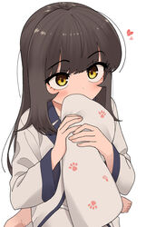  barefoot black_hair blush brown_eyes commentary_request covered_mouth female han_nuri heart highres holding holding_pillow korean_commentary long_hair long_sleeves mole mole_under_eye nakta original paw_print pillow simple_background sitting solo white_background wide_sleeves you&#039;re_under_my_skin! 