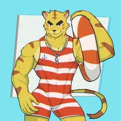  1:1 5_fingers abs animal_crossing anthro clothing countershading felid fingers fur hi_res holding_object jrjresq life_preserver looking_at_viewer male mammal muscular muscular_anthro muscular_male nintendo nipple_outline one-piece_swimsuit pantherine pecs solo swimwear tiger tight_clothing tybalt_(animal_crossing) whistle_(object) yellow_body yellow_fur 