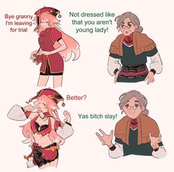  2girls antlers bag bare_shoulders book breasts bunsketches china_dress chinese_clothes cleavage crop_top dress english_text genshin_impact highres horns long_hair madame_ping_(genshin_impact) meme multiple_girls old old_woman pink_hair red_headwear small_breasts yanfei_(genshin_impact) yas_bitch_slay_(meme) 