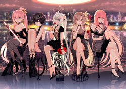  5girls ahoge alcohol animal_ears arm_strap bare_legs bare_shoulders bell black_dress black_footwear black_gloves black_hair black_legwear black_nails blush box braid breasts brown_hair butterfly_hair_ornament candy cat_ears city cleavage closed_mouth cloud collarbone criss-cross_halter cross-laced_clothes crossed_arms crossed_legs cup dress drinking_glass eating elbow_gloves evening_gown finger_to_mouth food frilled_dress frills full_body fur-trimmed_dress fur-trimmed_gloves fur_trim gift gift_box gloves glowing guinevere_(iron_saga) hair_bell hair_ornament hairclip halter_dress halterneck heart heart_hair_ornament high_heels high_ponytail hitomi_(iron_saga) holding holding_cup holding_food holding_gift hugging_own_legs index_finger_raised iron_saga jingle_bell knees_up lollipop long_hair medium_breasts meruru_(iron_saga) multiple_girls nail_polish night official_art one_side_up outdoors pink_hair ponytail purple_eyes red_eyes red_nails reflective_floor river sasaki_hikaruko_(iron_saga) short_dress short_hair shushing side_braid sitting sleeveless sleeveless_dress small_breasts smile stool strapless strapless_dress thighhighs twin_braids valentine vanessa_(iron_saga) very_long_hair water white_hair wine wine_glass wristband yadapot 