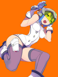  blue_hair bodysuit boots breasts commentary_request covered_nipples enkyo_yuuichirou female finger_on_trigger gloves green_eyes gun helmet highres hisho_collection holding holding_gun holding_weapon impossible_bodysuit impossible_clothes medium_breasts open_mouth orange_background purple_thighhighs short_hair simple_background skin_tight solo thighhighs visor weapon white_bodysuit white_footwear white_gloves 